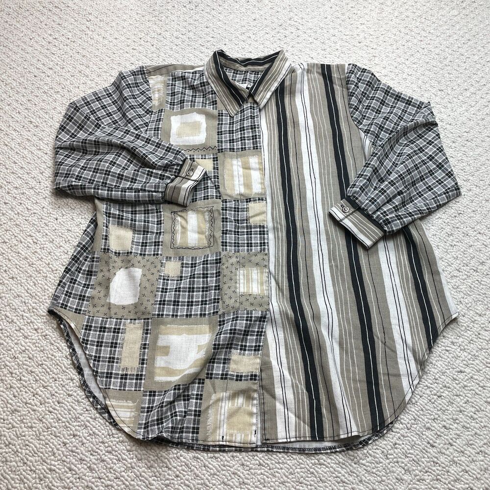 Stephanie Thomas Plaid Tunic Blouse Shirt Vintage Womens 20 Gray Collared Patch